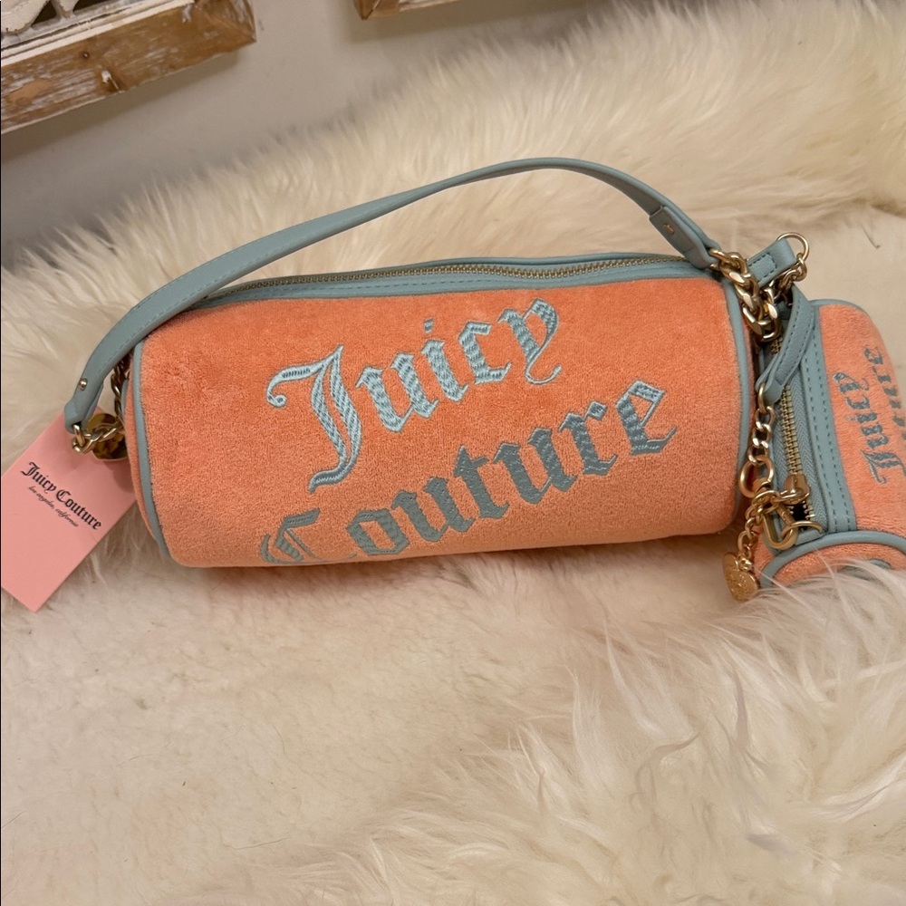 Juicy Couture Peach Velour Barrel Bag with Light Blue Trim